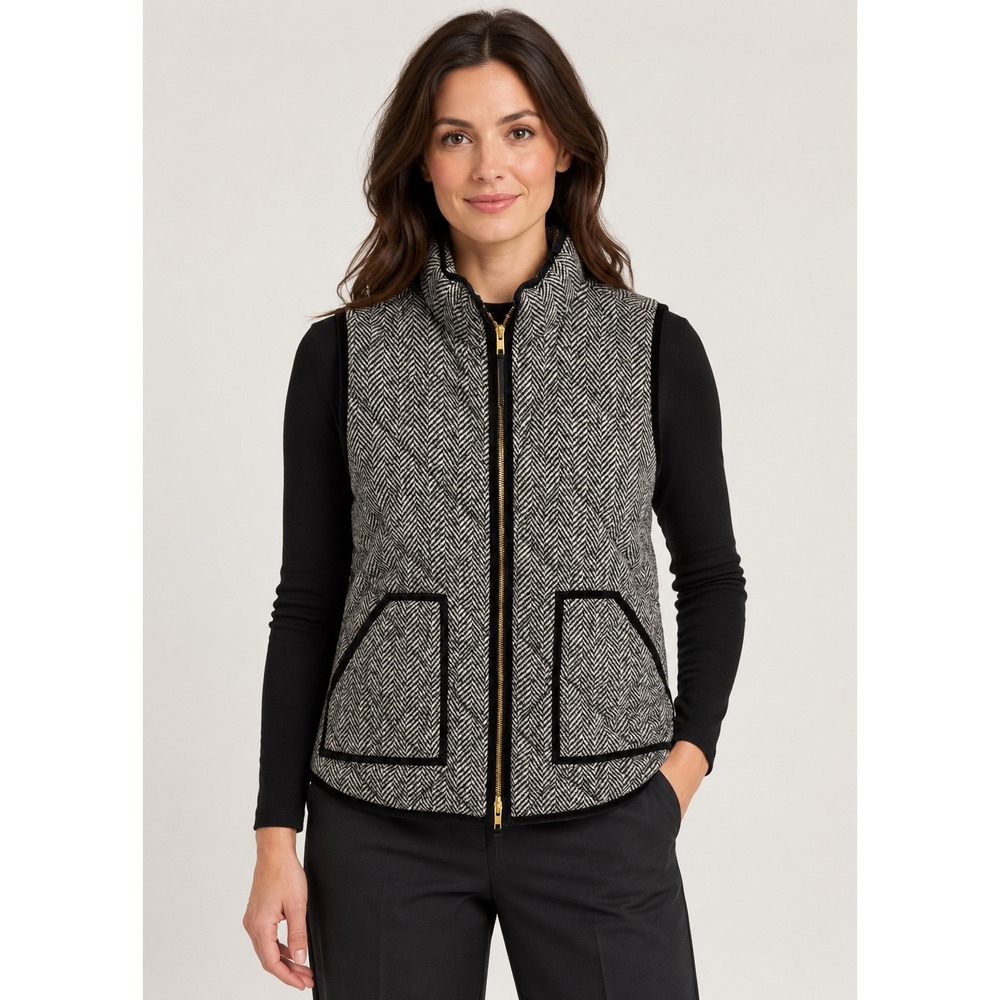 J.Crew Excursion Quilted Puffer Vest Herringbone Black Cream Down Fill 02533 Mge